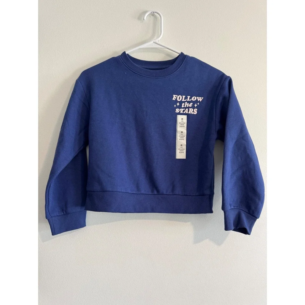 Cat Jack Follow The Stars‎ Sweatshirt Girls Size M 8 Blue Rhinestone Graphic